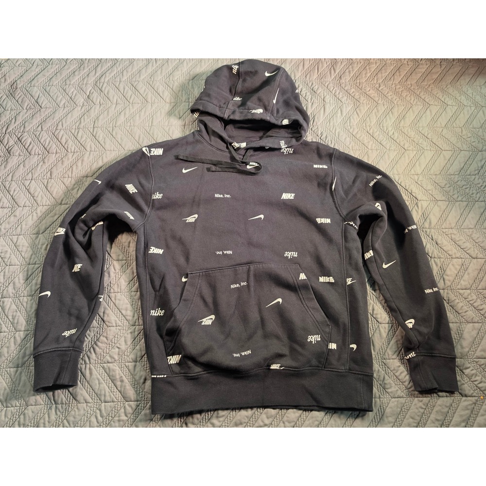 Nike Sportswear All Over Print Logo Hoodie Black Swoosh Pullover Small